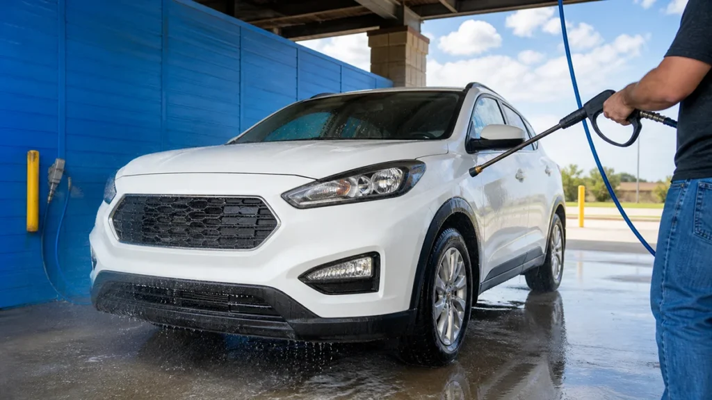 man rinsing car at self serve car wash