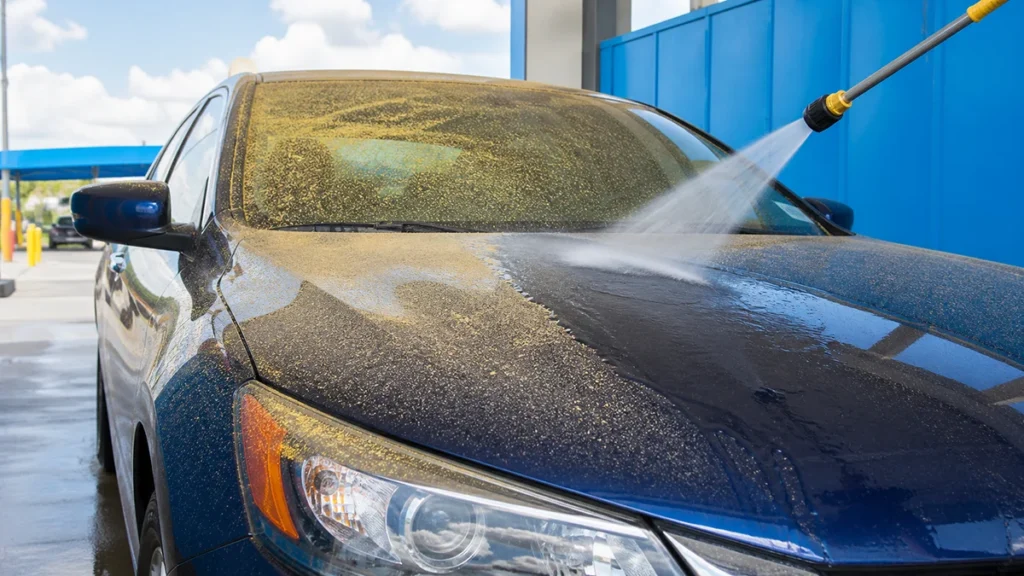spraying off pollen from car with water